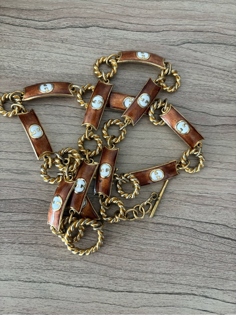 Vintage Gucci 1970s Enamel Belt or Necklace Gold Brown White